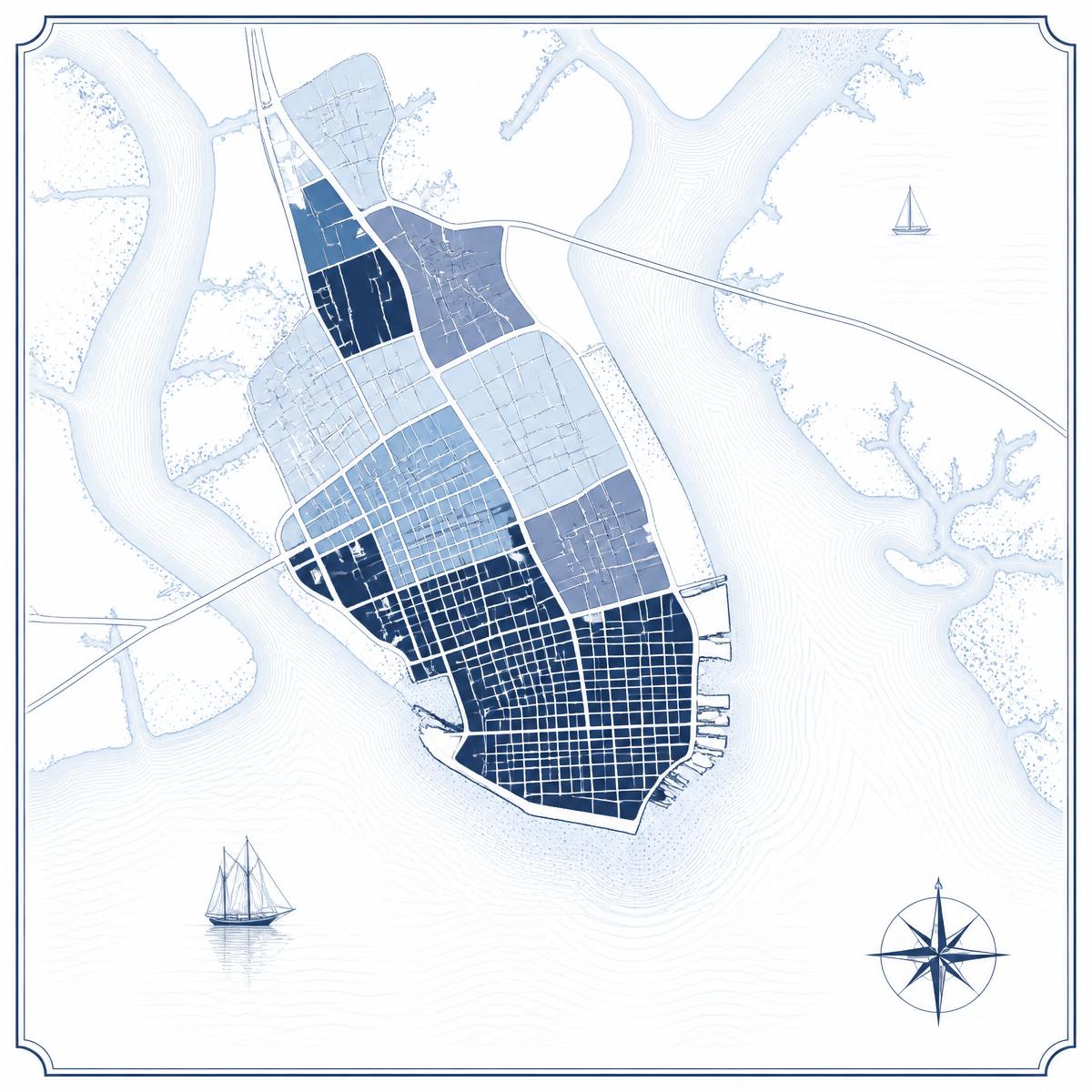 Illustrated map of Charleston's peninsula and surrounding areas